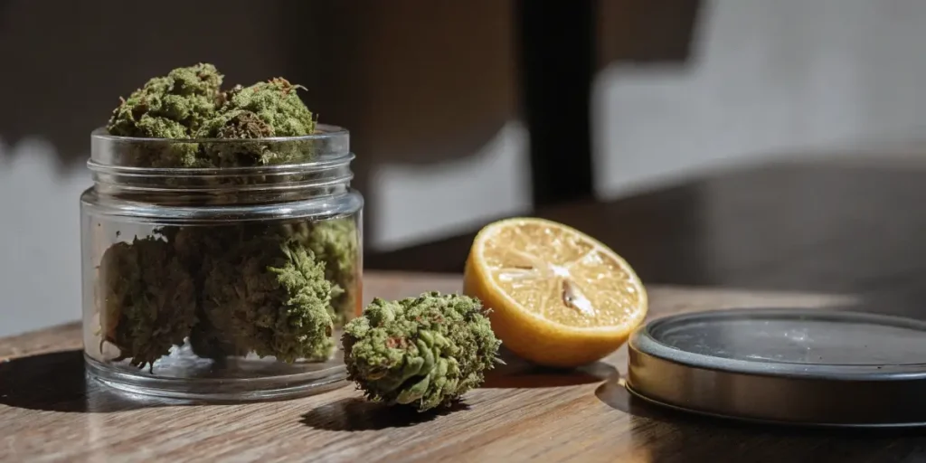 Jar of cannabis buds next to a halved lemon on a rustic wooden surface.