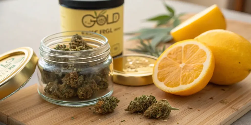 Glass jar of lemon-scented cannabis buds beside fresh lemons on a wooden table.