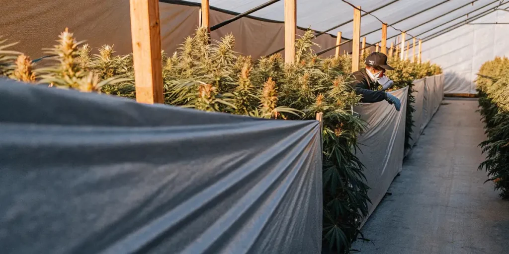 light deprivation greenhouse full of cannabis plants in the flowering stage