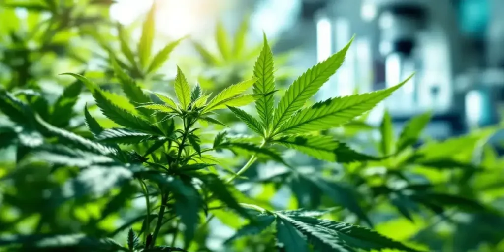 Close-up of OG weed strain with dense leaves and early bud development