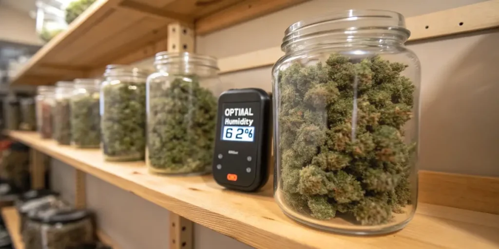 Cannabis buds in glass jars with digital humidity meter showing optimal curing levels