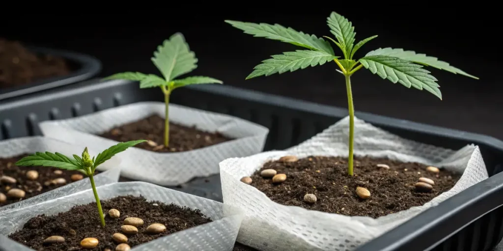 Three young cannabis seedlings with sprouting leaves planted in soil with scattered seeds in the background.