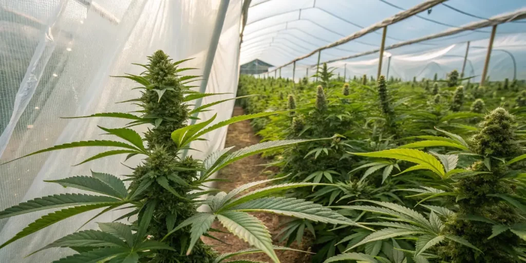 Cannabis greenhouse with healthy green plants under mesh cover for pest and disease control.