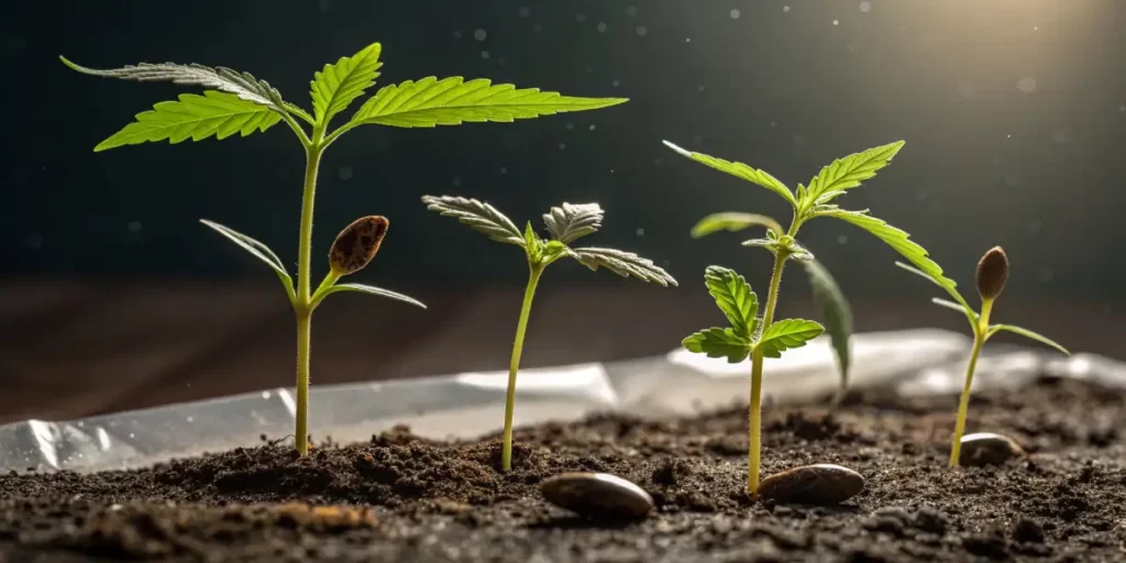 Cannabis seedlings sprouting from soil under soft light in the propagation stage.