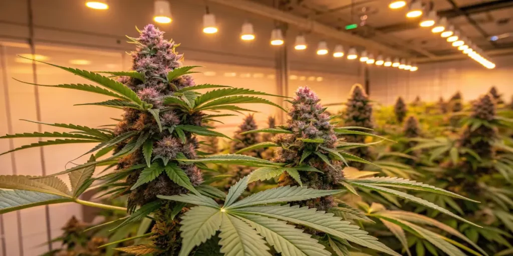 Purple cannabis buds thriving under indoor grow lights in flowering stage.