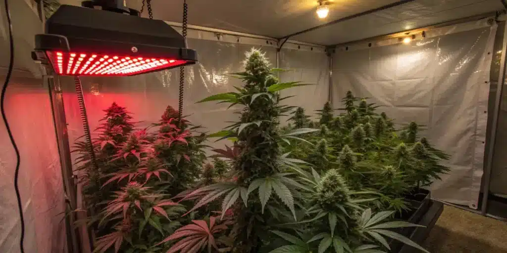 Red Super Skunk cannabis bud covered in trichomes with bright orange pistils and dense green foliage.