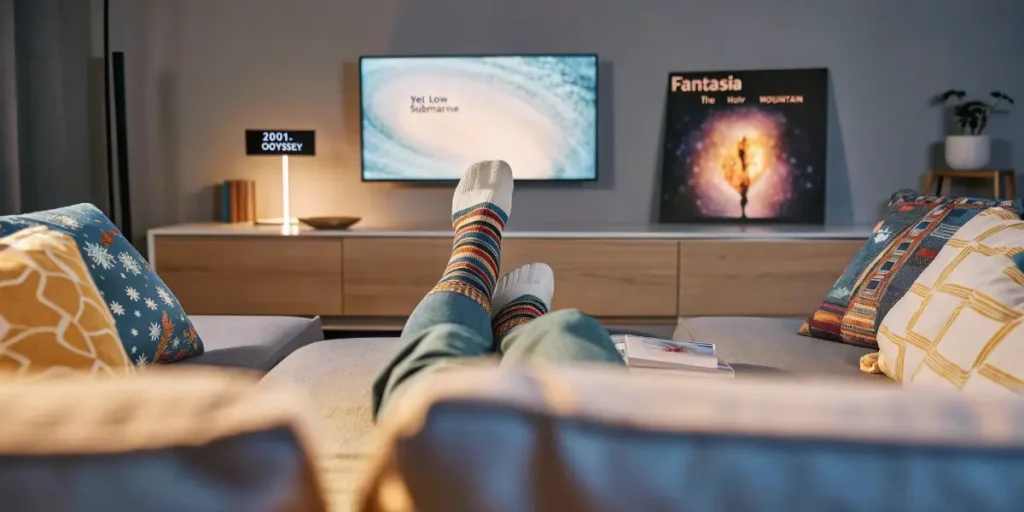 Home setup for watching psychedelic movies with relaxing lighting and comfortable seating.