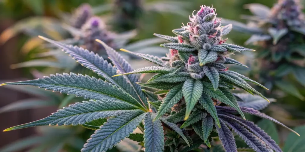 Close-up of Runtz cannabis strain with frosty trichomes and purple-tinted sugar leaves in natural light.