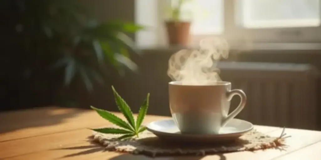 steaming cup of cannabis-infused coffee next to a fresh cannabis leaf