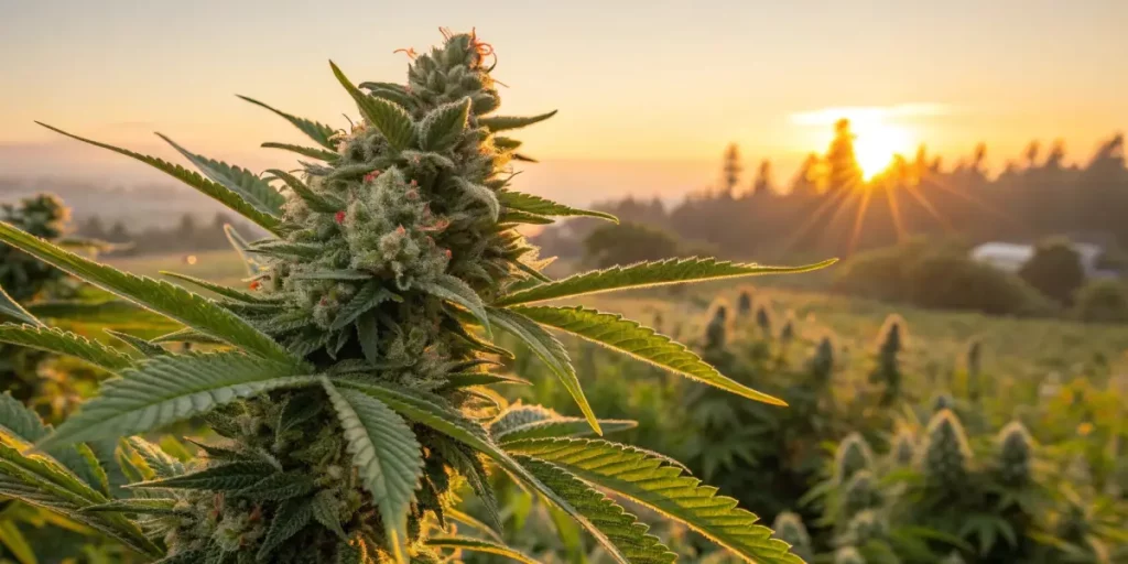 Lush cannabis plants in full bloom under a golden sunrise on a rural farm landscape.