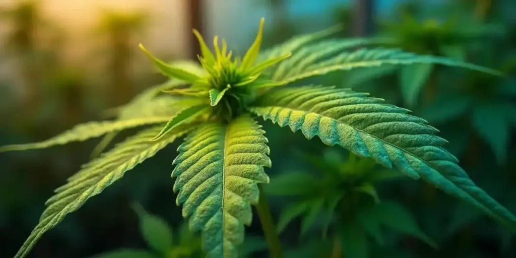 OG strain cannabis plant in lush indoor environment