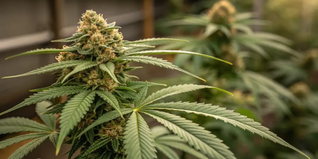 Close-up of cannabis bud showing dense trichomes and vibrant orange pistils.