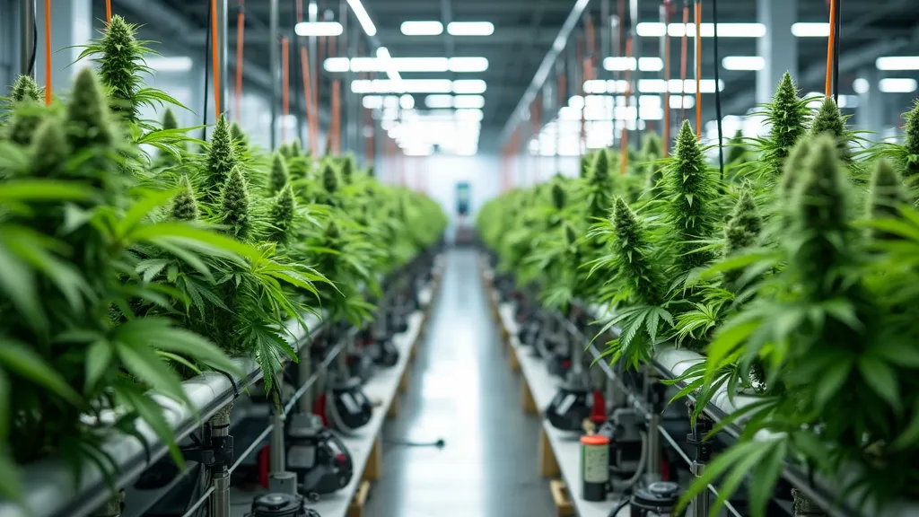 Advanced indoor hydroponic cannabis grow room with rows of mature plants, showcasing the potential of hydroponic cannabis grow kits for large-scale production.