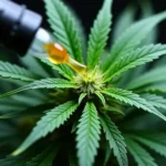 Close-up of CBD oil being applied to a cannabis plant.