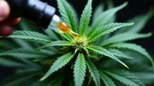 Close-up of CBD oil being applied to a cannabis plant.