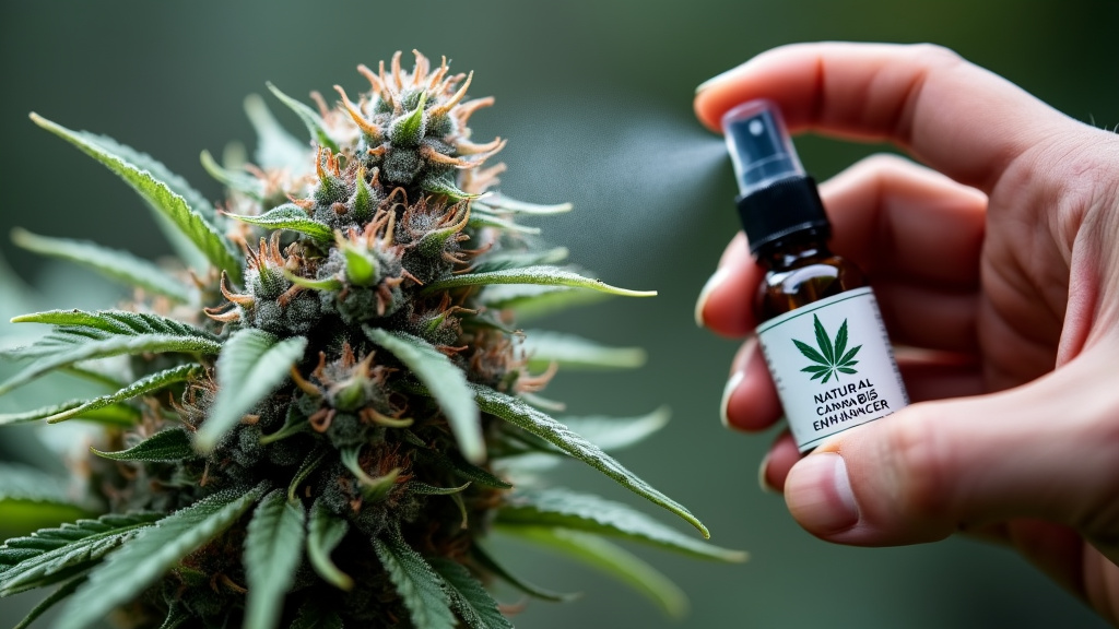 Hand spraying natural cannabis enhancer on a budding cannabis plant, highlighting the use of weed flavour spray for enhanced aroma.