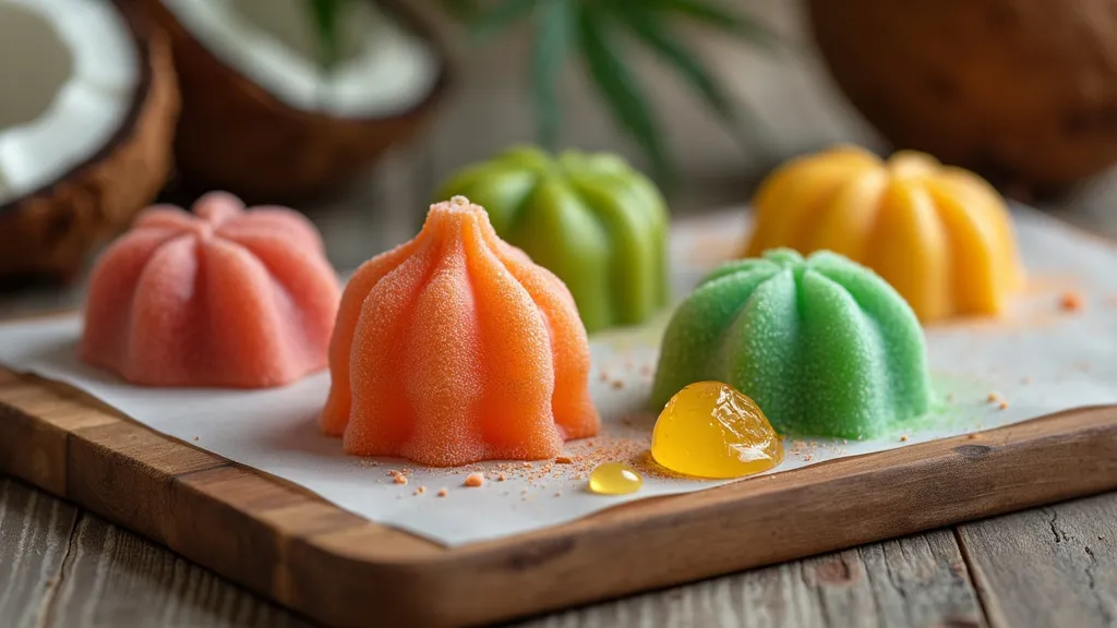Assorted shapes of THC gummies crafted using infused coconut oil, arranged on a rustic wooden board alongside coconut shells.