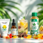 A selection of smoke-free cannabis products including edibles, a CBD energy drink, tincture, and topical cream on a bright surface with greenery in the background.