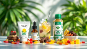 A selection of smoke-free cannabis products including edibles, a CBD energy drink, tincture, and topical cream on a bright surface with greenery in the background.