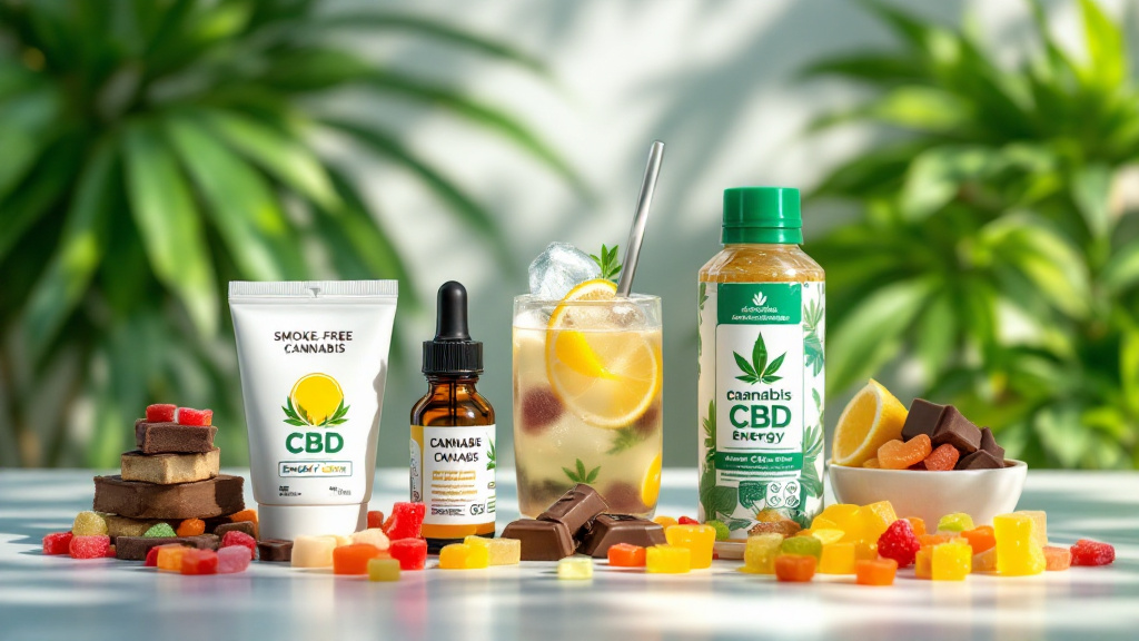 A selection of smoke-free cannabis products including edibles, a CBD energy drink, tincture, and topical cream on a bright surface with greenery in the background.