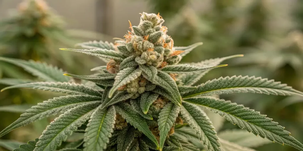 Close-up of an Aurora Indica cannabis bud with frosty trichomes and rich green leaves.