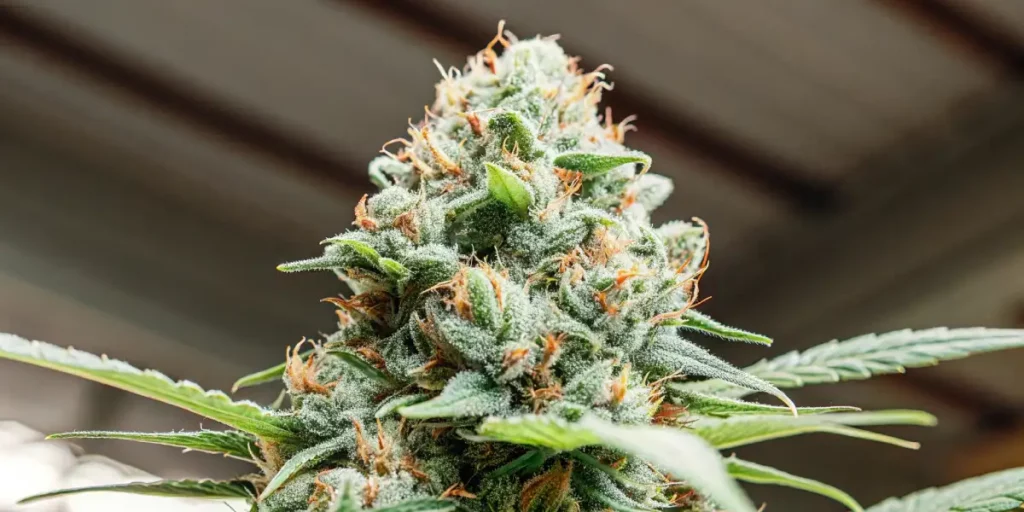 Close-up of a resinous cannabis bud with vibrant orange pistils and green leaves, illuminated in bright light.