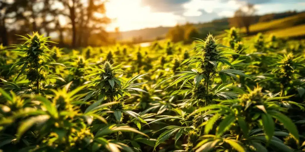 Lush green cannabis clones flourishing in a Michigan outdoor grow operation under clear skies.