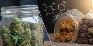Split image: jar of cannabis buds, and a CBD chemical structure over other cannabis samples.