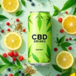 A green can labeled 'CBD Drinks' surrounded by lemon slices, cannabis leaves, cannabis seeds, and berries on a light green background