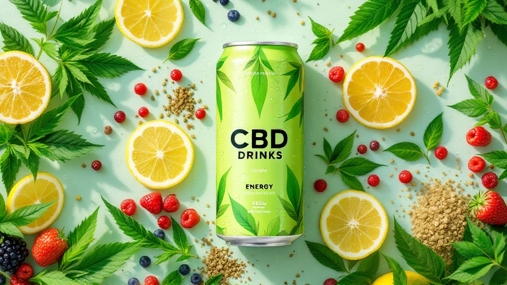 A green can labeled 'CBD Drinks' surrounded by lemon slices, cannabis leaves, cannabis seeds, and berries on a light green background
