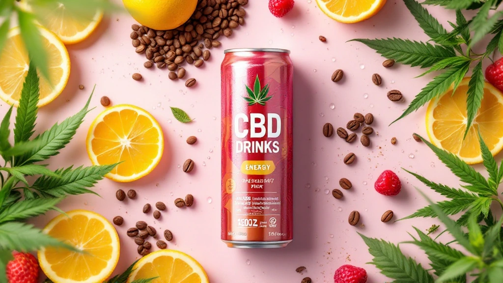 A red can labeled 'CBD Drinks' surrounded by coffee beans, lemon slices, cannabis leaves, and raspberries on a pink background