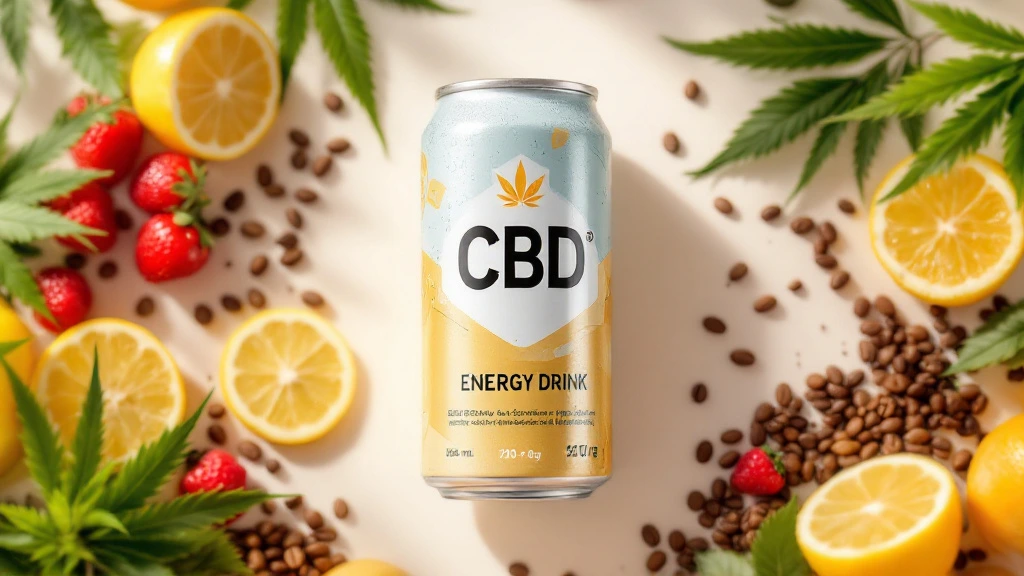 A blue and yellow can labeled 'CBD Energy Drink' surrounded by coffee beans, lemon slices, cannabis leaves, and strawberries on a beige background