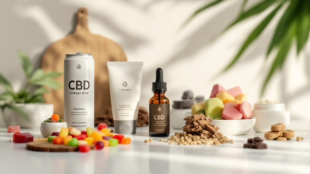 Smoke-free cannabis products with CBD edibles, tincture, and topical creams on a clean white surface, accented by natural elements in the background.
