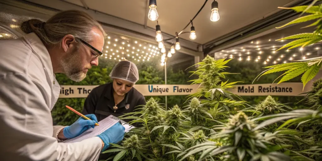 Hyper-realistic scene: scientist in lab coat and gloves taking notes on a clipboard amidst cannabis plants, with labels for "High Thc," "Unique Flavor," and "Mold Resistance" in a cannabis breeding setup.
