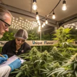 Hyper-realistic scene: scientist in lab coat and gloves taking notes on a clipboard amidst cannabis plants, with labels for "High Thc," "Unique Flavor," and "Mold Resistance" in a cannabis breeding setup.