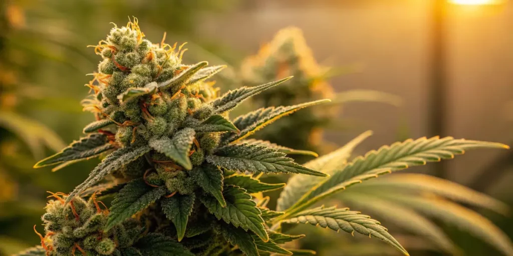 Close-up of a cannabis bud with orange pistils and frosty trichomes during a golden sunset.