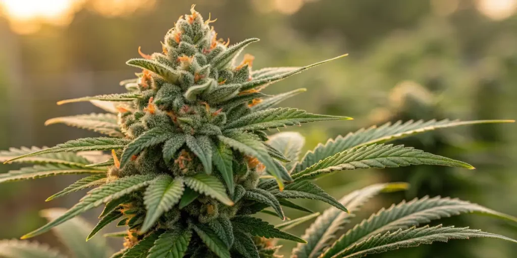 Close-up of a cannabis bud with dense trichomes and vibrant green leaves, captured in the late afternoon sunlight.