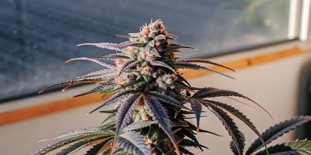 Close-up of a cannabis bud with bright green leaves and a white background.