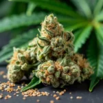 Close-up of cannabis buds with seeds placed on a leaf, showing the natural growth of the plant.