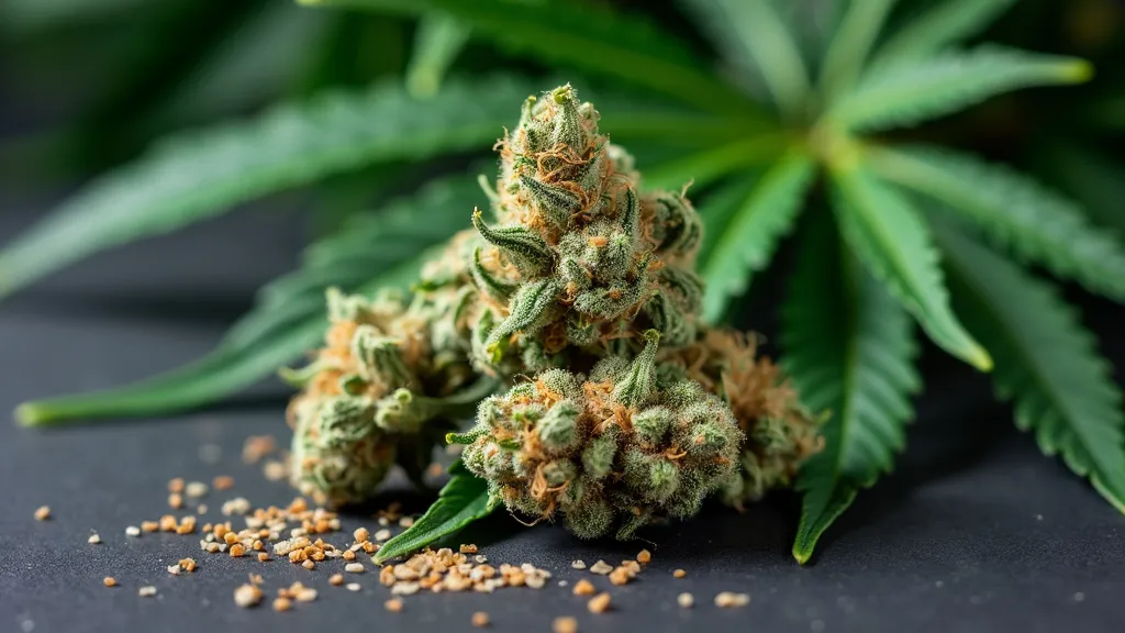 Close-up of cannabis buds with seeds placed on a leaf, showing the natural growth of the plant.