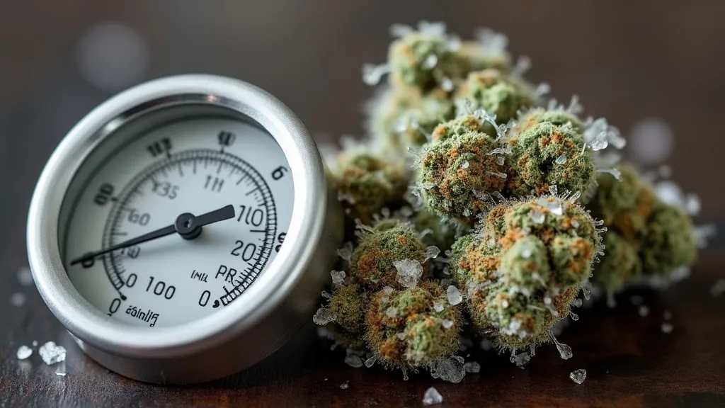 Close-up of cannabis buds covered in trichomes next to a pressure gauge, symbolizing bubble hash equipment.