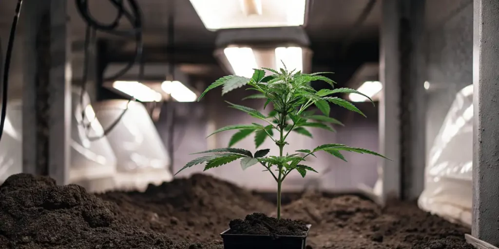 Small cannabis clone growing in soil in a modern indoor grow room with bright lights.