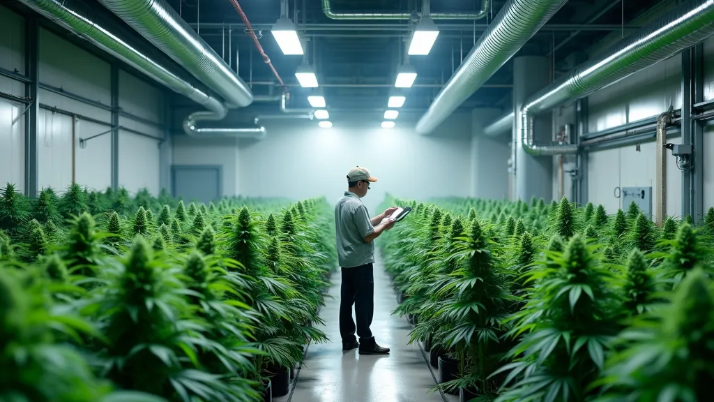 Indoor cannabis cultivation facility with rows of mature plants and industrial ventilation system, illustrating effective cannabis air filtration for odor control and air quality.