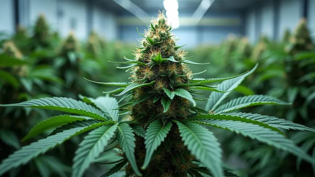 Australian Bastard Cannabis in flowering stage, with thick buds and healthy leaves under greenhouse lighting.