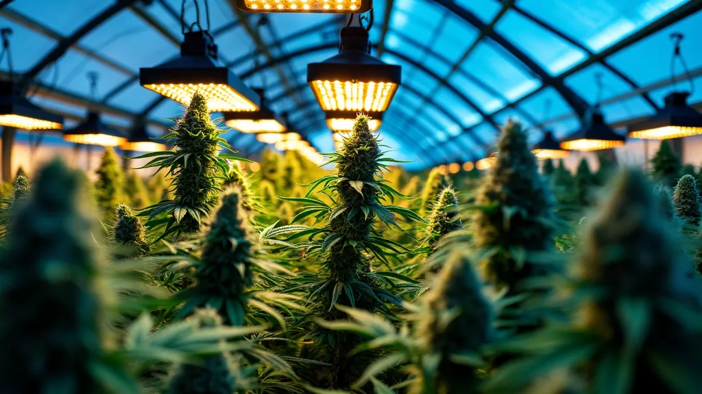 Cannabis plants thriving under advanced LED lights in a greenhouse, illustrating an efficient greenhouse grow light system for large-scale cultivation.