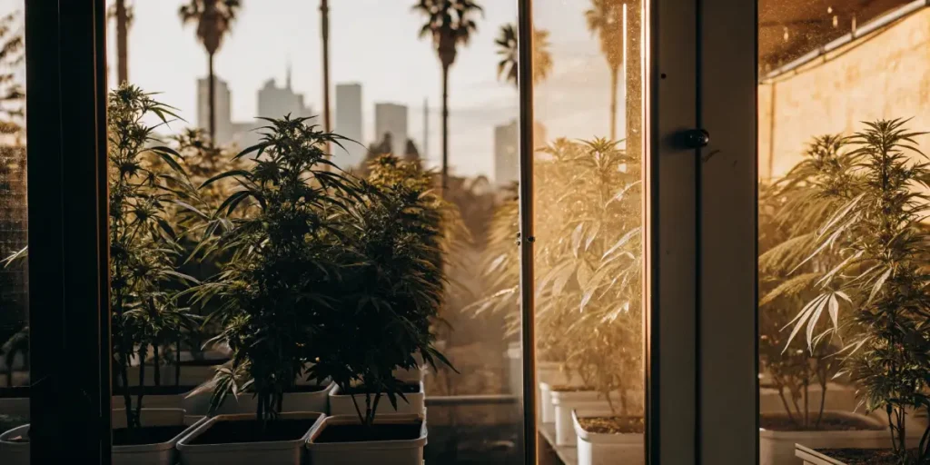 Potted cannabis plants inside a grow room with a blurred Los Angeles skyline and palm trees visible through windows.