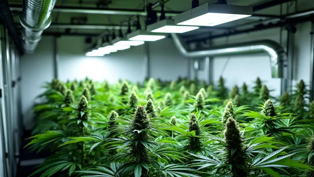 A well-ventilated cannabis grow room filled with mature plants under bright LED lighting, optimized for large-scale indoor cultivation.