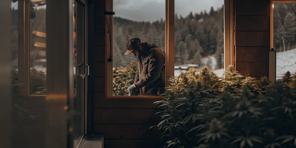 Hyper-realistic scene: cannabis grower in cap and jacket, tending to plants in a greenhouse, viewed through a window, with snowy mountains in the background.