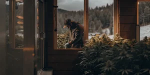 Hyper-realistic scene: cannabis grower in cap and jacket, tending to plants in a greenhouse, viewed through a window, with snowy mountains in the background.