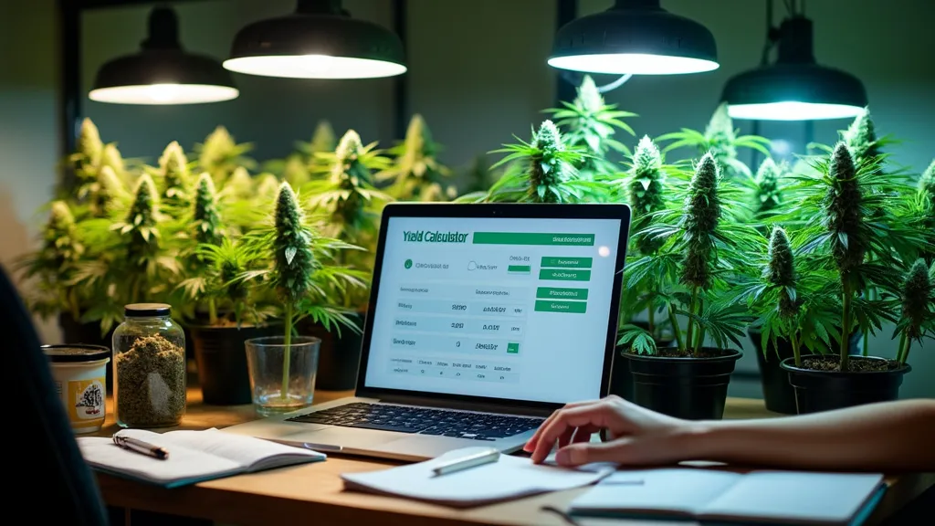 Cannabis yield calculator displayed on a laptop, with cannabis plants in pots and grow lights, aiding precise yield estimation and monitoring.